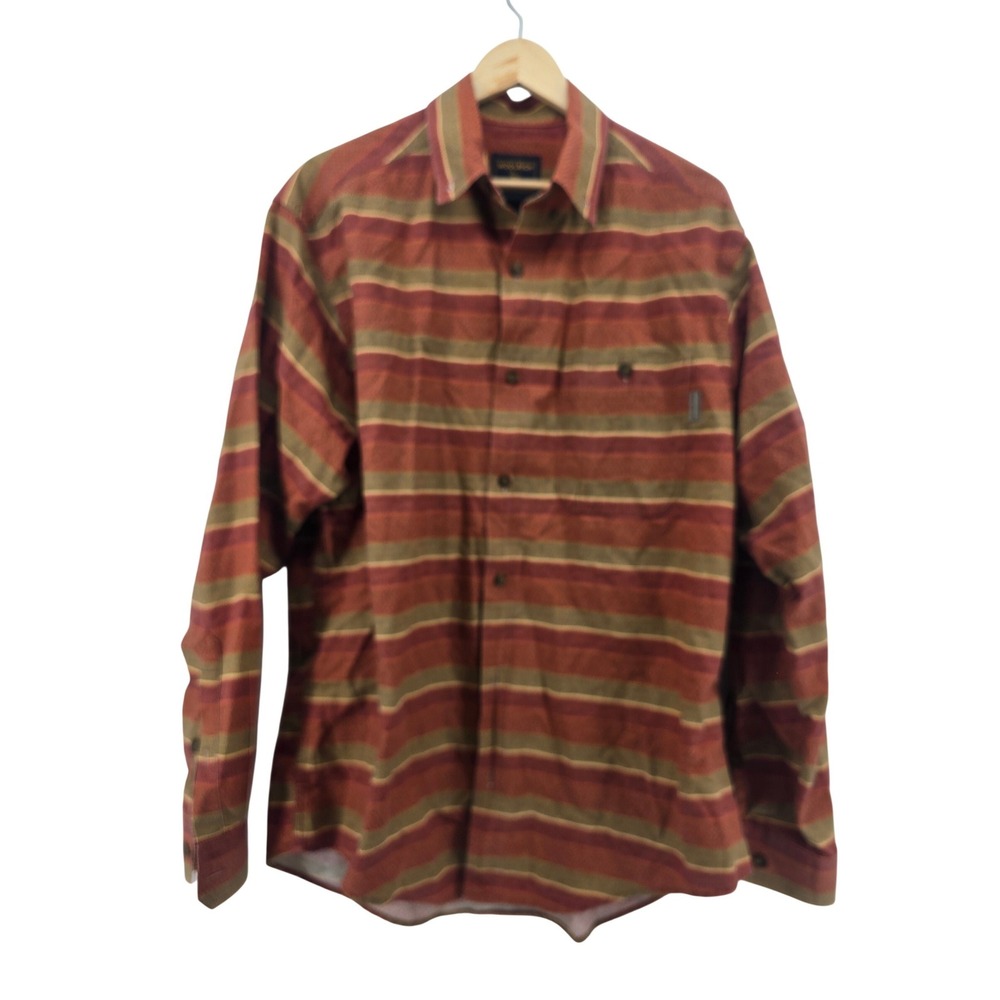 Woolrich Button Front Shirt Mens Large Red Brown Striped Herringbone Long Sleeve